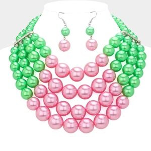 Pink & Green Pearls Four Row MultiStrand Layered Necklace Set Chunky Design